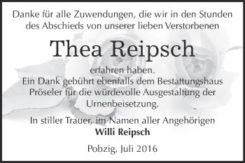 Traueranzeige von Thea Reipsch von Super Sonntag Bernburg