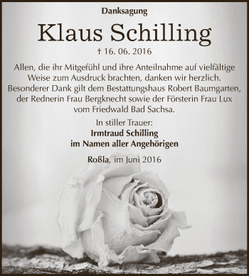Traueranzeige von Klaus Schilling von WVG - Wochenspiegel SGH