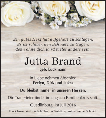 Traueranzeige von Jutta Brand von WVG - Wochenspiegel Quedlinburg