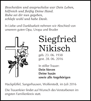 Traueranzeige von Siegfried Nikisch von Super Sonntag SGH Mansf. Land