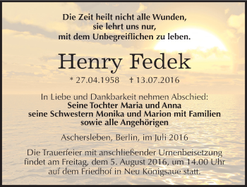 Traueranzeige von Henry Fedek von Mitteldeutsche Zeitung Aschersleben