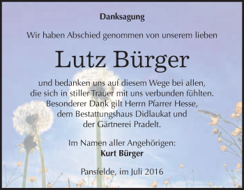 Traueranzeige von Lutz Bürger von WVG - Wochenspiegel Quedlinburg