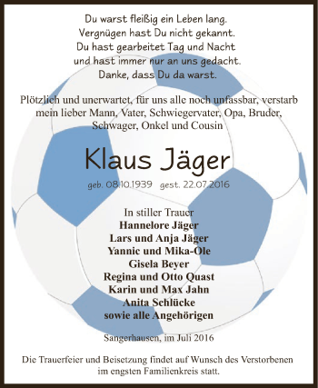 Traueranzeige von Klaus Jäger von Super Sonntag SGH Mansf. Land