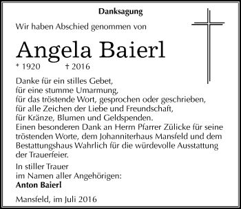 Traueranzeige von Angela Baierl von Mitteldeutsche Zeitung Mansfelder Land