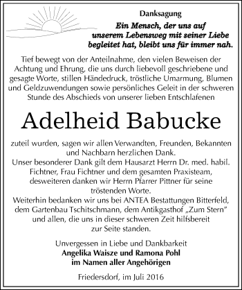 Traueranzeige von Adelheid Babucke von Mitteldeutsche Zeitung Bitterfeld