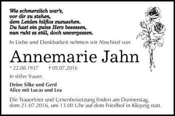 Traueranzeige von Annemarie Jahn von WVG - Wochenspiegel Dessau / Köthen