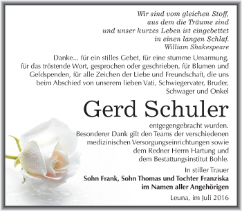 Traueranzeige von Gerd Schuler von Mitteldeutsche Zeitung Merseburg/Querfurt