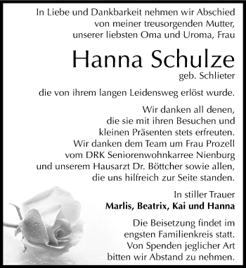Traueranzeige von Hanna Schulze von Mitteldeutsche Zeitung Bernburg