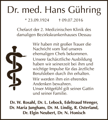 Traueranzeige von Hans Gühring von WVG - Wochenspiegel Dessau / Köthen