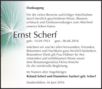 Traueranzeige von Ernst Scherf von Mitteldeutsche Zeitung Mansfelder Land