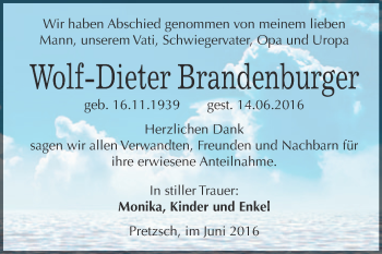 Traueranzeige von Wolf-Dieter Brandenburger von WVG - Wochenspiegel Wittenberg