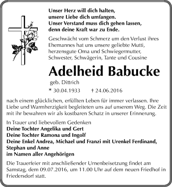Traueranzeige von Adelheid Babucke von Mitteldeutsche Zeitung Bitterfeld