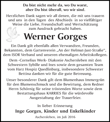 Traueranzeige von Werner Gorges von WVG - Wochenspiegel Quedlinburg