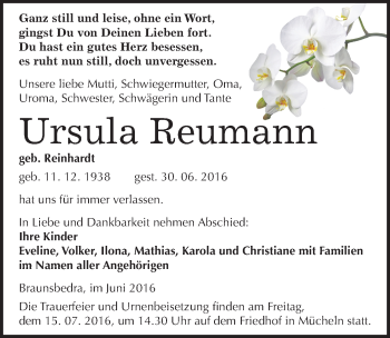 Traueranzeige von Ursula Reumann von Mitteldeutsche Zeitung Merseburg/Querfurt