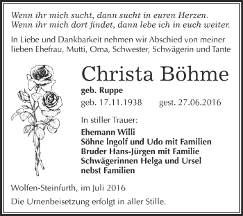 Traueranzeige von Christa Böhme von WVG - Wochenspiegel Bitterfeld