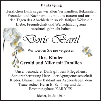 Traueranzeige von Doris Bartl von WVG - Wochenspiegel Quedlinburg