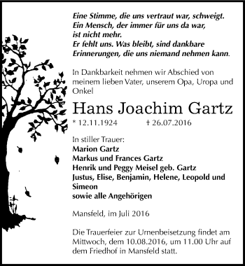 Traueranzeige von Hans Joachim Gartz von Mitteldeutsche Zeitung Mansfelder Land