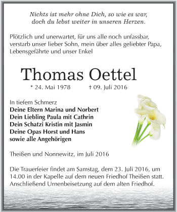 Traueranzeige von Thomas Oettel von Mitteldeutsche Zeitung Zeitz