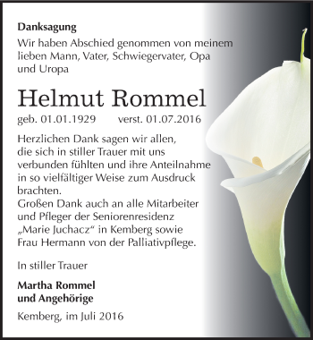 Traueranzeige von Helmut Rommel von Mitteldeutsche Zeitung Wittenberg