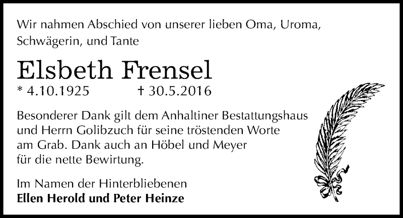  Traueranzeige für Elsbeth Frensel vom 02.07.2016 aus Mitteldeutsche Zeitung Dessau-Roßlau