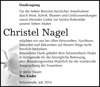 Traueranzeige von Christel Nagel von Mitteldeutsche Zeitung Mansfelder Land