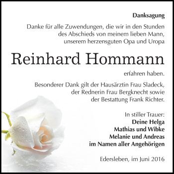 Traueranzeige von Reinhard Hommann von Super Sonntag SGH Mansf. Land