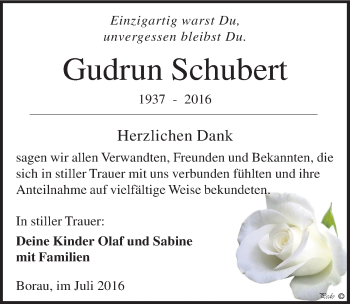 Traueranzeige von Gudrun Schubert von Mitteldeutsche Zeitung Weißenfels