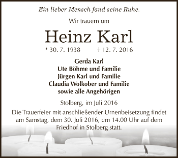 Traueranzeige von Heinz Karl von WVG - Wochenspiegel SGH