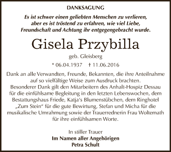 Traueranzeige von Gisela Przybilla von WVG - Wochenspiegel Dessau / Köthen