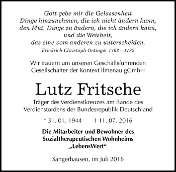 Traueranzeige von Lutz Fritsche von Mitteldeutsche Zeitung Sangerhausen