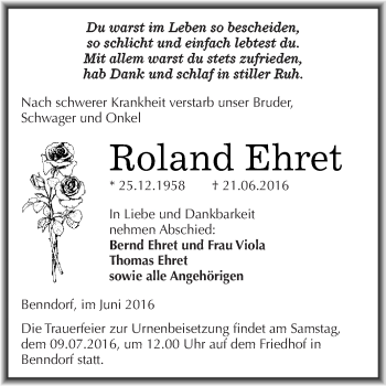 Traueranzeige von Roland Ehret von Super Sonntag SGH Mansf. Land