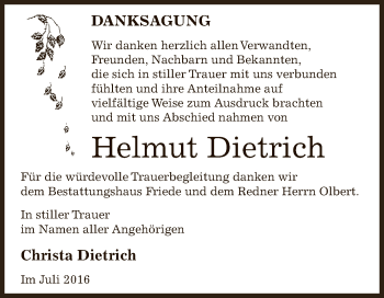 Traueranzeige von Helmut Dietrich von WVG - Wochenspiegel Dessau / Köthen