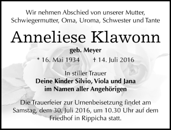 Traueranzeige von Anneliese Klawonn von Mitteldeutsche Zeitung Zeitz