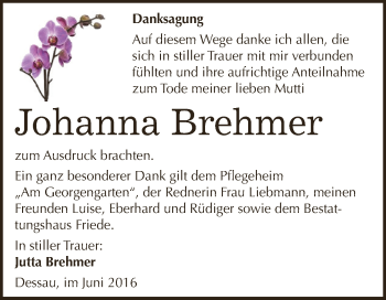 Traueranzeige von Johanna Brehmer von WVG - Wochenspiegel Dessau / Köthen