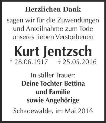 Traueranzeige von Kurt Jentzsch von Super Sonntag Wittenberg