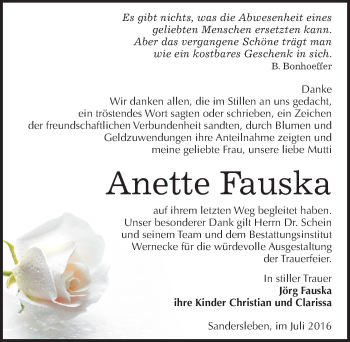 Traueranzeige von Anette Fauska von Mitteldeutsche Zeitung Mansfelder Land