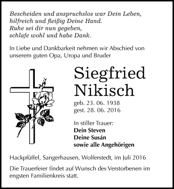 Traueranzeige von Siegfried Nikisch von Mitteldeutsche Zeitung Sangerhausen