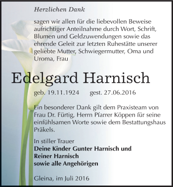 Traueranzeige von Edelgard Harnisch von Mitteldeutsche Zeitung Zeitz