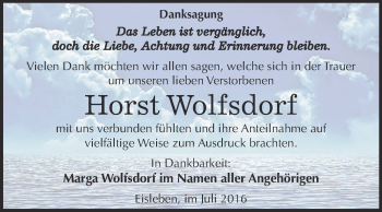 Traueranzeige von Horst Wolfsdorf von Wochenspiegel Mansfelder Land