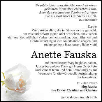 Traueranzeige von Anette Fauska von Super Sonntag SGH Mansf. Land