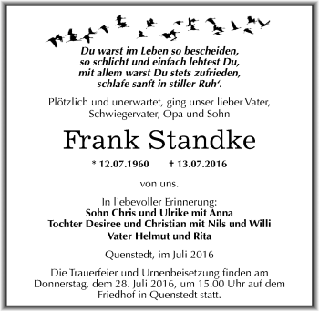 Traueranzeige von Frank Standke von Mitteldeutsche Zeitung Mansfelder Land
