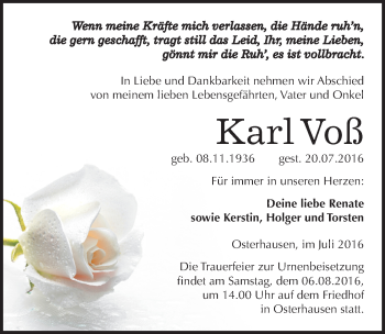 Traueranzeige von Karl Voß von Mitteldeutsche Zeitung Mansfelder Land