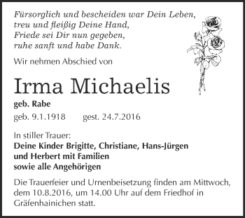 Traueranzeige von Irma Michaelis von WVG - Wochenspiegel Wittenberg