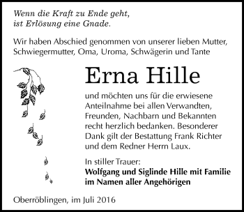Traueranzeige von Erna Hille von Mitteldeutsche Zeitung Sangerhausen