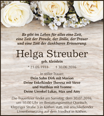 Traueranzeige von Helga Streuber von WVG - Wochenspiegel Dessau / Köthen