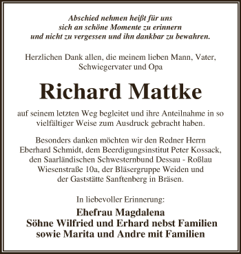 Traueranzeige von Richard Mattke von WVG - Wochenspiegel Dessau / Köthen