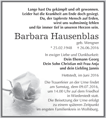 Traueranzeige von Barbara Hausenblas von Super Sonntag SGH Mansf. Land