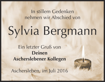 Traueranzeige von Sylvia Bergmann von WVG - Wochenspiegel Aschersleben