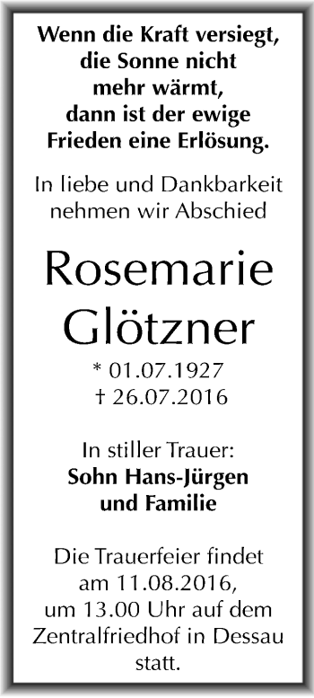 Traueranzeige von Rosemarie Glötzner von Mitteldeutsche Zeitung Dessau-Roßlau