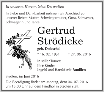Traueranzeige von Gertrud Strödicke von Super Sonntag SGH Mansf. Land